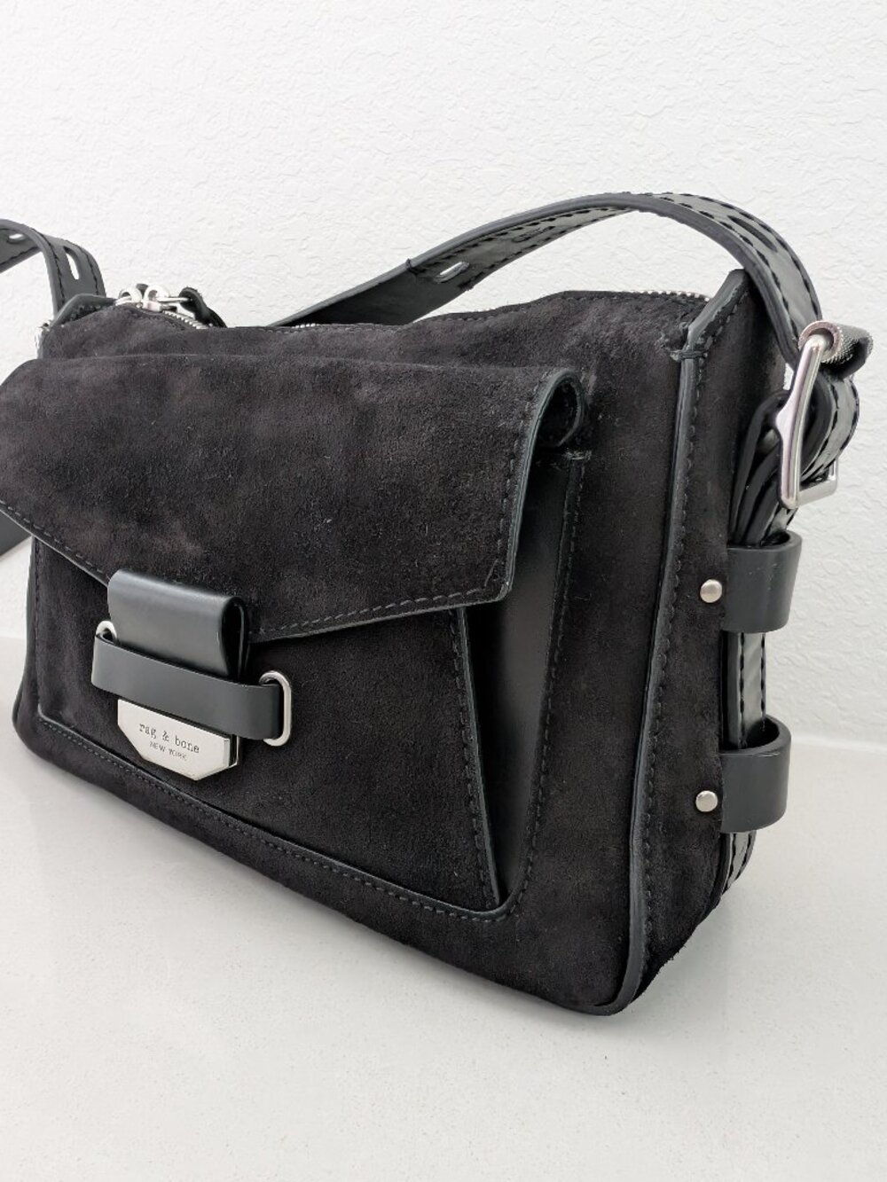 rag & bone Suede Leather Messenger Crossbody Bag Black Adjustable Strap